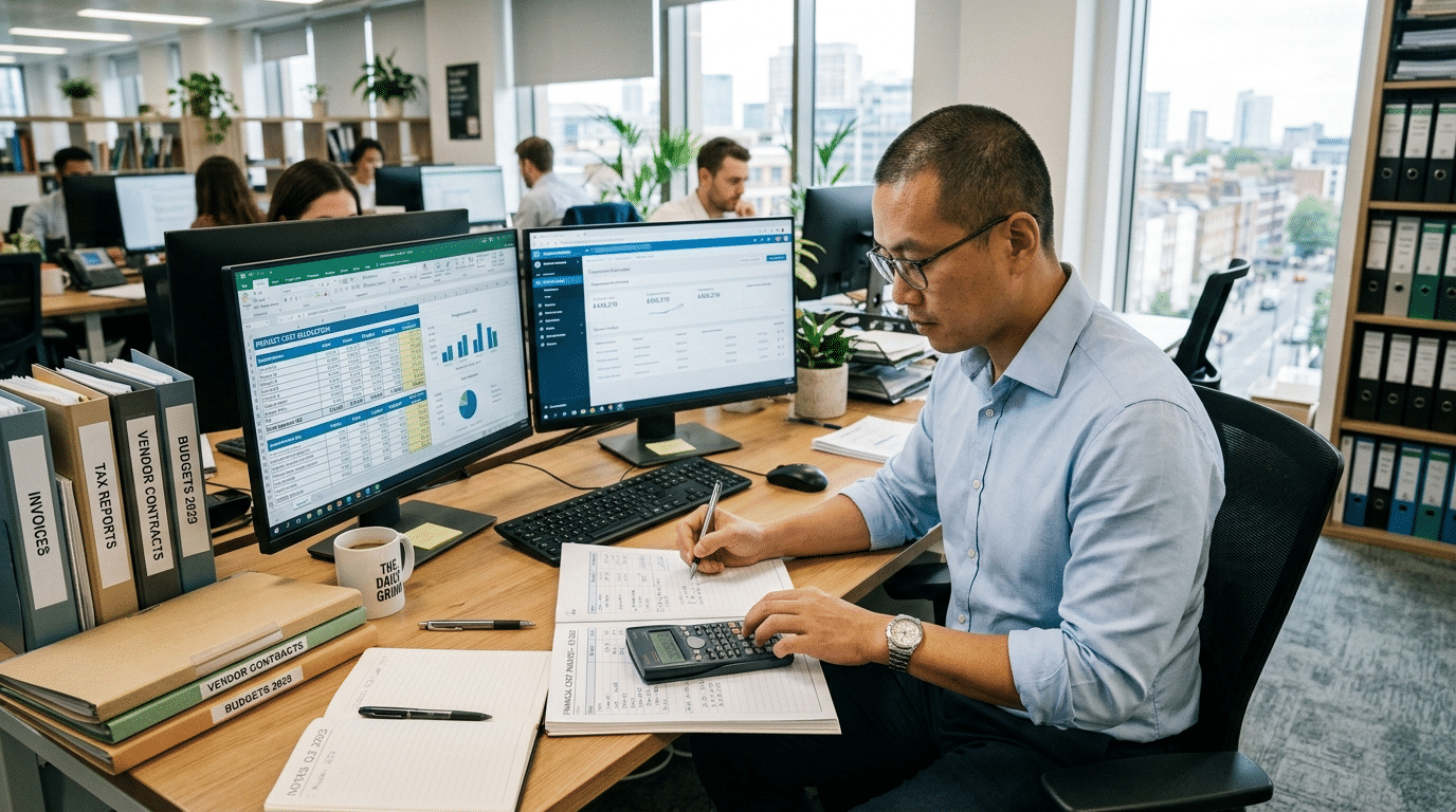 A person calculating company costs in the office.
